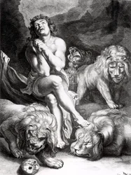 Daniel in de leeuwenkuil, gegraveerd door Abraham Blooteling (1640-90)